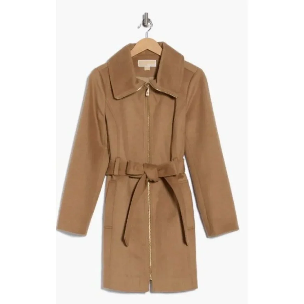 Michael Kors Womens Carmel Full Zip Wool Blend Belted Mid Length Coat Sz L New